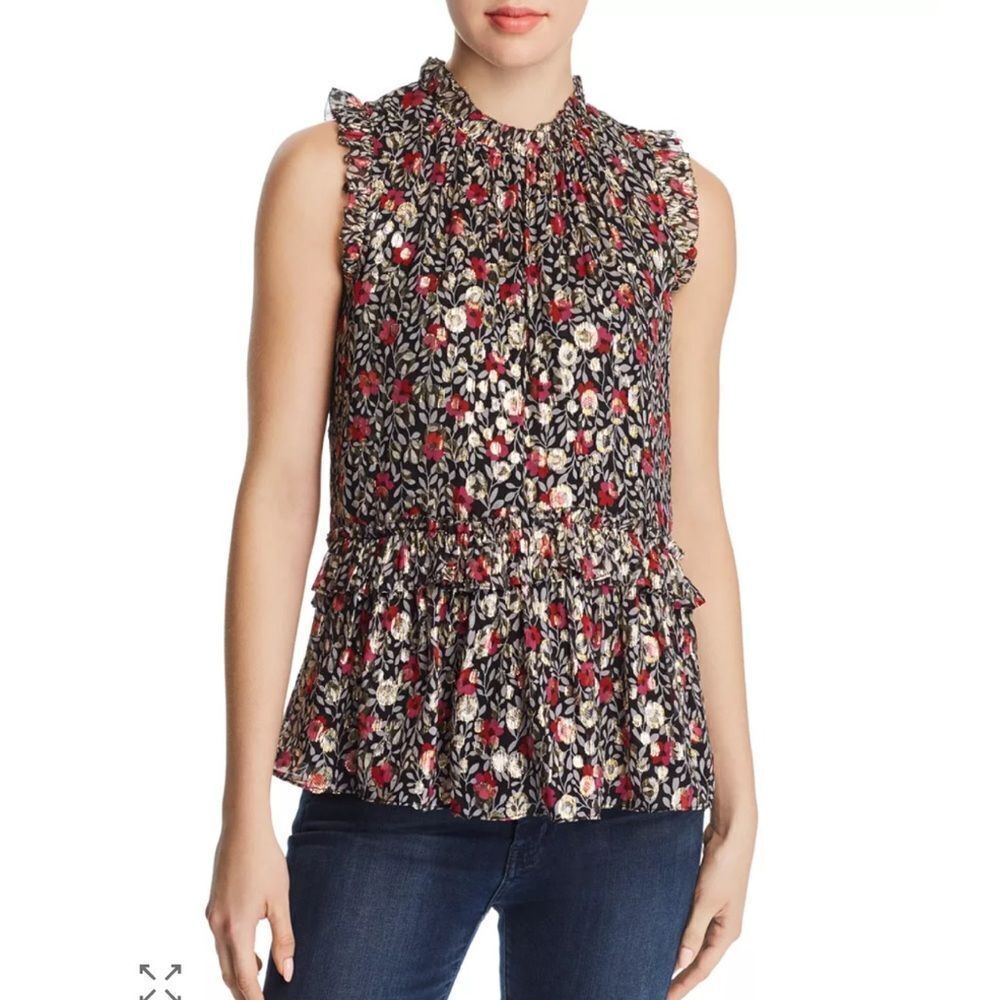 Kate Spade Floral Park Clip Dot Metallic Silk Blouse Top Sz XS Sleeveless